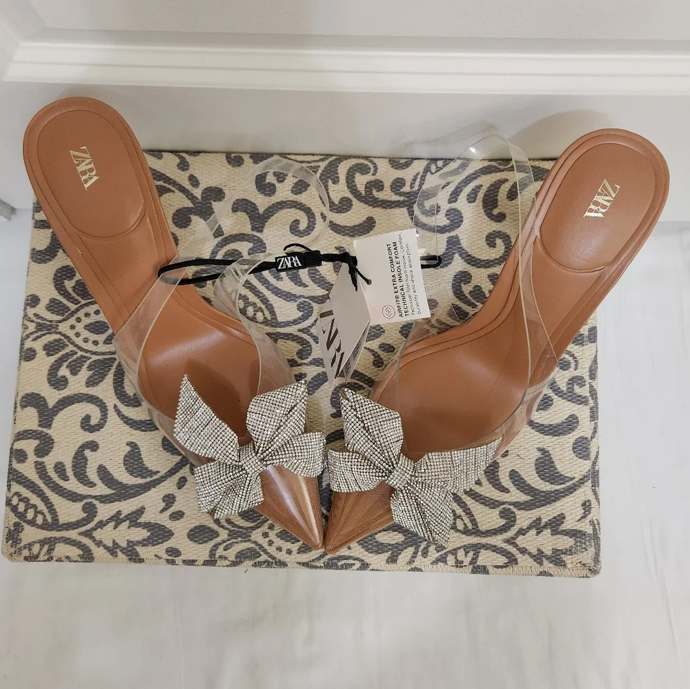 NWT. Zara  Rhinestones Embellished  Slingback High-Heel Shoes. Size 8 - Picture 2 of 8